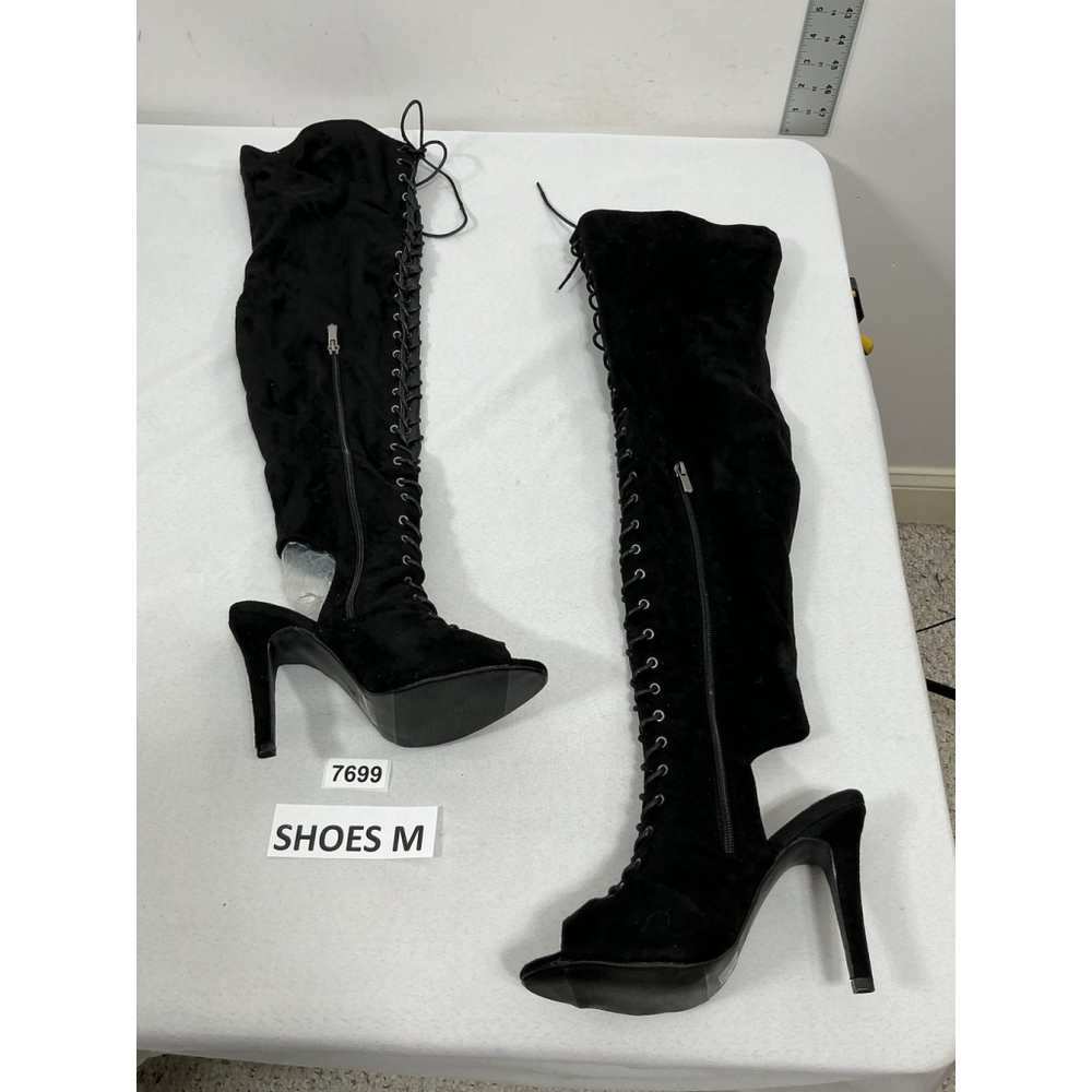 Woman’s Thigh High Boots 7.5 Black Peep Toe Back Cut Out 1/4 Zip